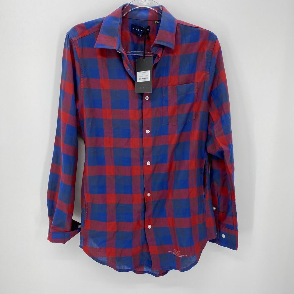 New FIVE FOUR Mens Long Sleeve Plaid Shirt  Size S Shacket Pockets Red Blue